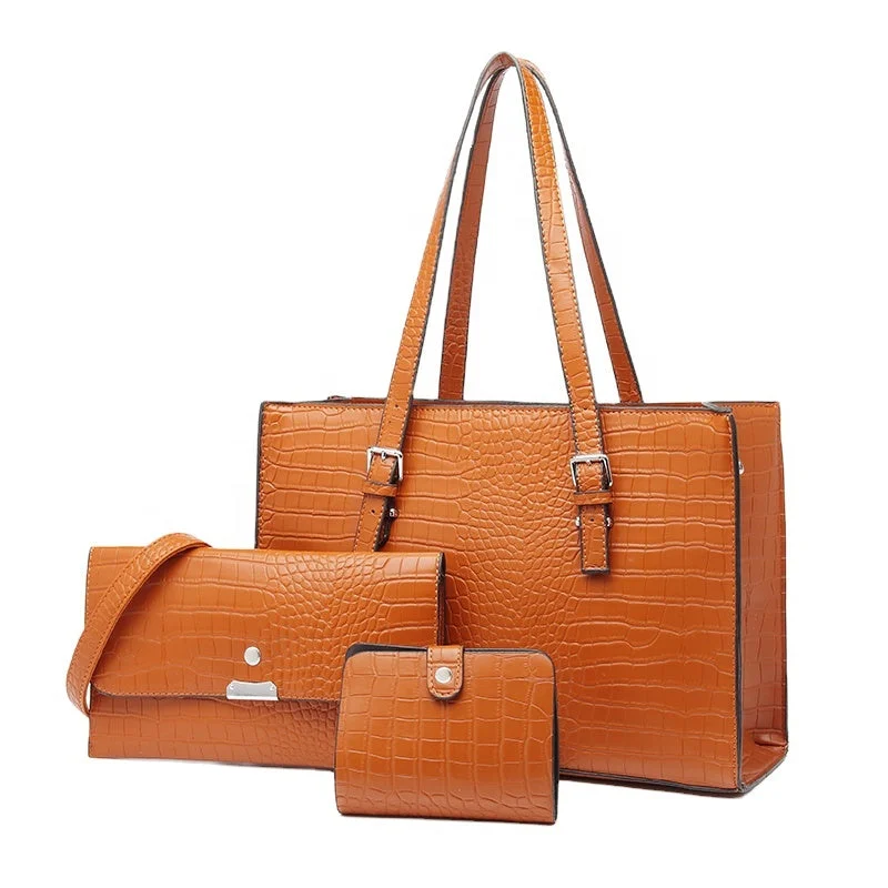 2021 Wholesale women handbags set 3 in 1 croco PU leather purses and handbags women tote shoulder bags set