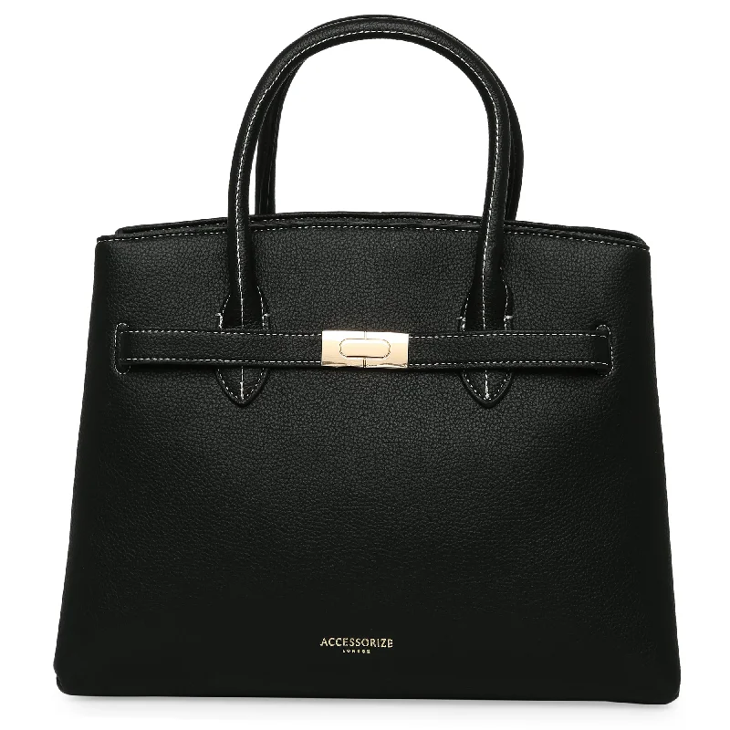 Accessorize London Women's Faux Leather Black Contrast Stitch Handheld Tote Bag