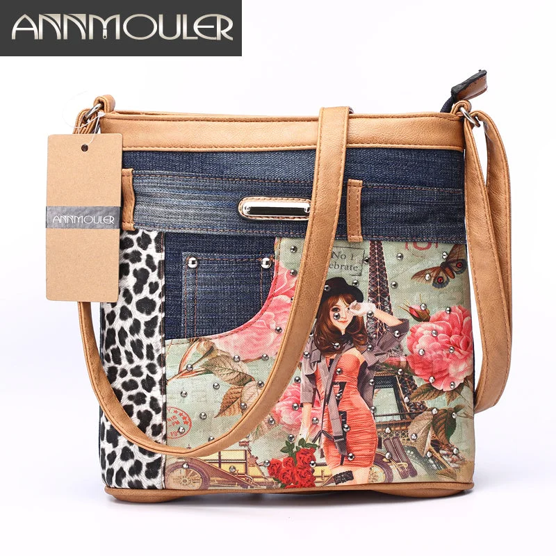 AnnaMouler Denim Eiffel Tower Messenger Bag