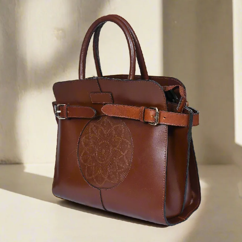 Celtic brown color pure leather Shoulder bag for girls and women with glorious design | Party wear.  Art: BG-1555