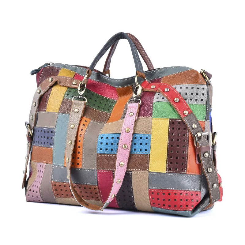 Colorful Leather Patchwork Handbag - Versatile & Spacious Design