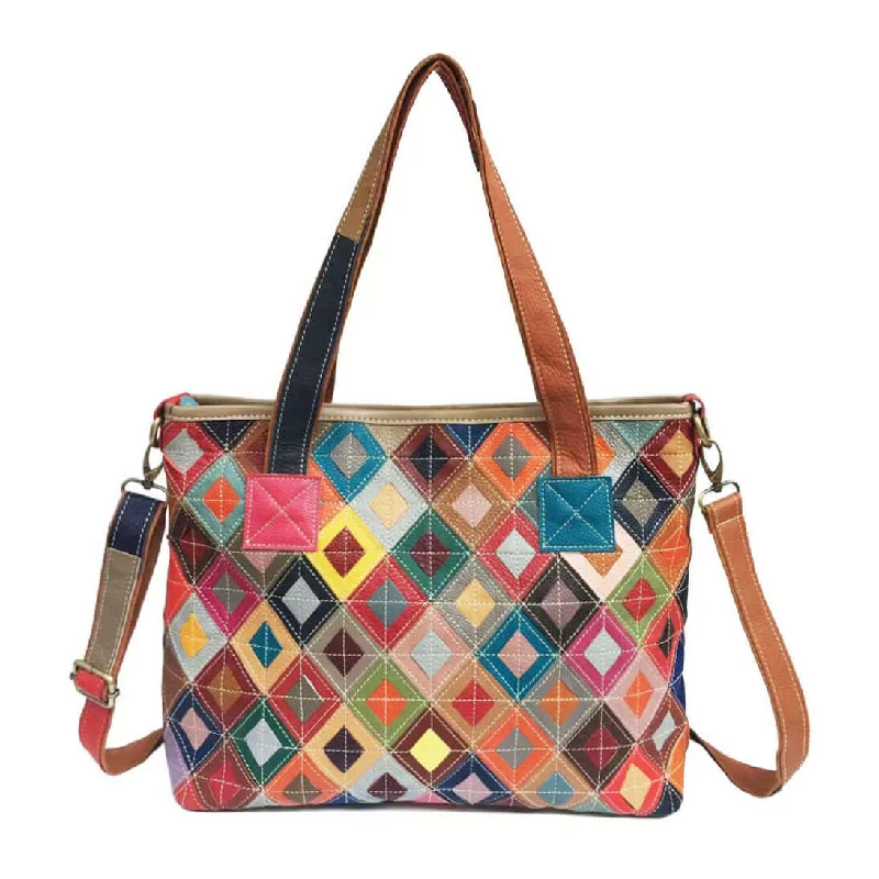 Colorful Leather Tote Bag - Unique Patchwork Design for Every Occasion