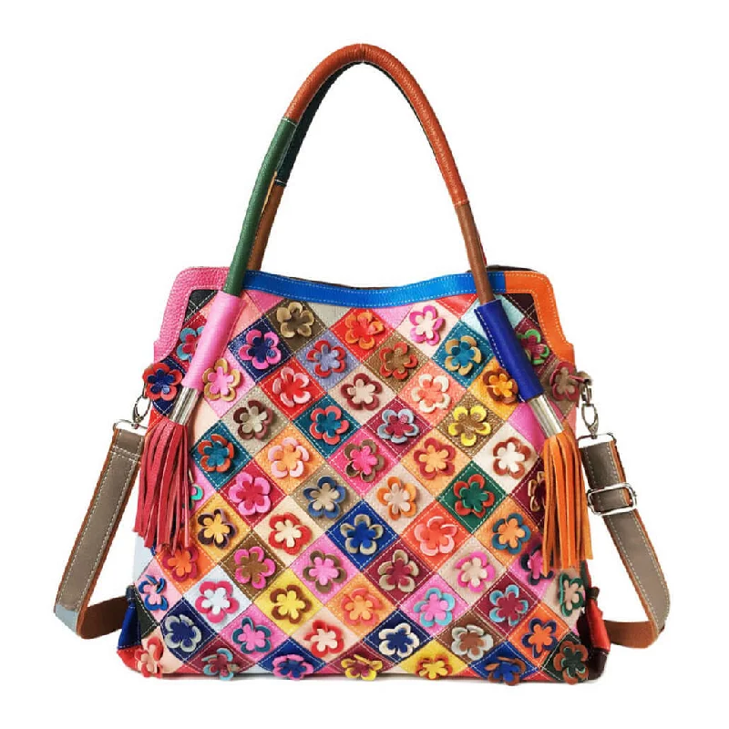 Colorful Leather Tote Bag for Women – Unique Patchwork Handbag