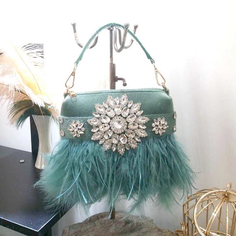 Designer Wedding Party Handbag Rhinestone Feather Evening Tote Bag Ladies Luxury Ostrich Fur Women Purse and Handbag