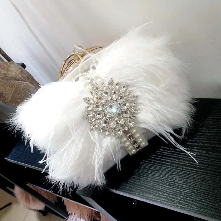 Fashion Ladies Diamond Clutch Tote Bag with Ostrich Feather Shoulder Purse Wedding Clutch  Fur Bags For Woman