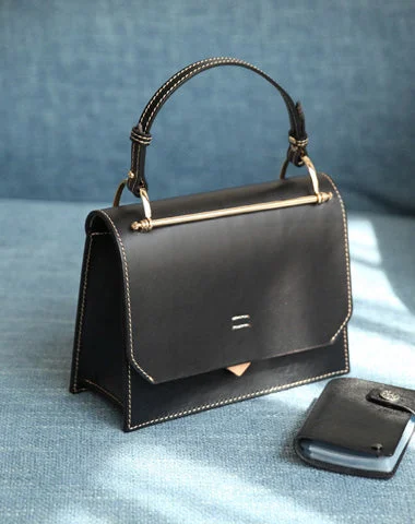 Fashion Womens Black Leather Flap Over Handbag Purse Handmade Square Crossbody Bag Shoulder Bag Purse