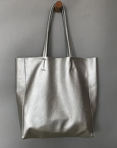 Fashion Womens Silver Leather Oversize Tote Bag Silver Shoulder Tote Bag Silver Handbag Tote For Women