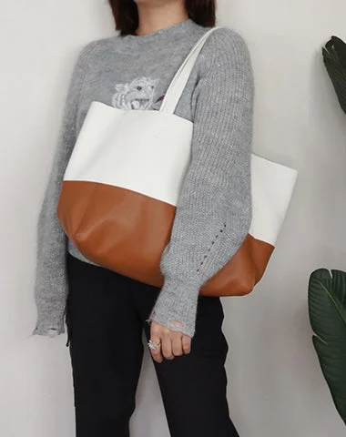 Fashion Womens White Brown Leather Oversize Tote Bag White Brown Shoulder Tote Bag Handbag Tote For Women