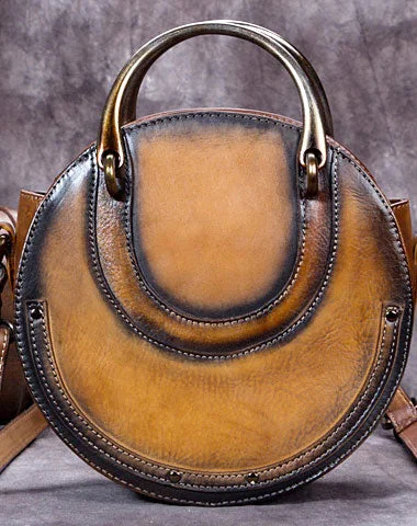 Genuine Leather Handbag Vintage Circle Bag Shoulder Bag Crossbody Bag Purse For Women