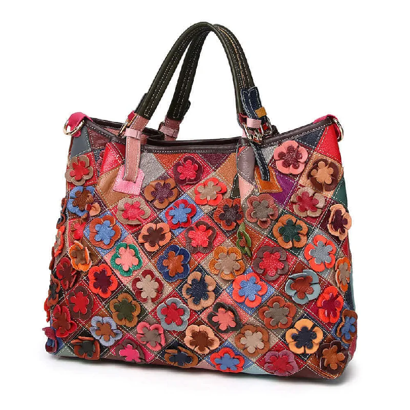 Leather Patchwork Handbag with Floral Design