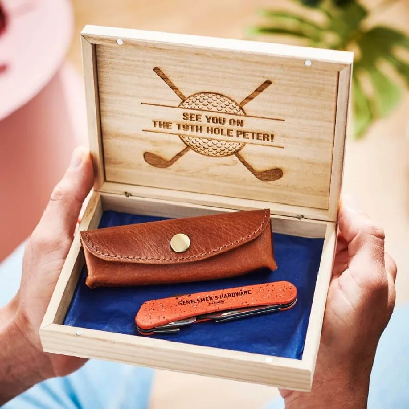 Golfer Gift Box with Personalised Leather Holder and Golf Tool