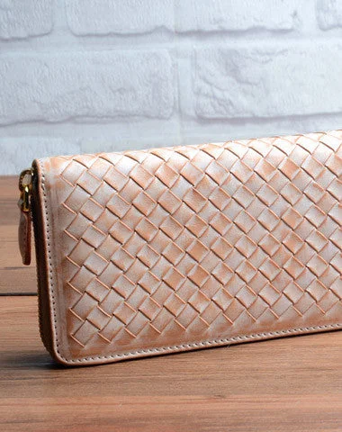 Handmade braided beige leather long wallet purse clutch Zipper men women