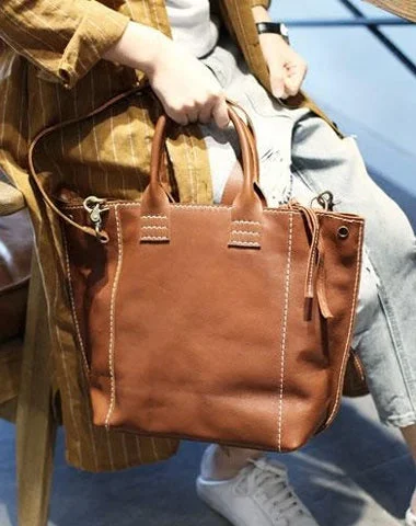 Stylish Womens Brown Leather Shopper Tote Bag Brown Leather Tote Handbag Shoulder Bag With Zipper