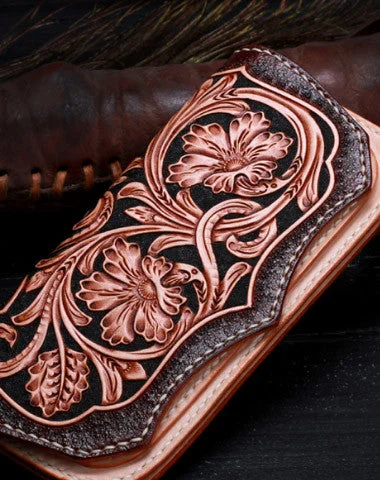 Handmade leather Beige Black floral wallet leather women men Long Wallet clutch Tooled wallet