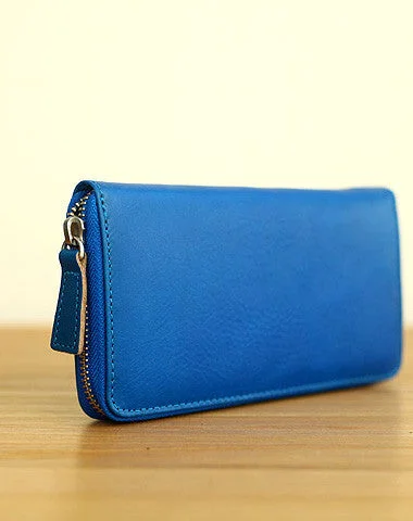 Handmade vintage blue zip leather clutch bag long wallet multi ID card holders for women