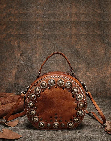 Handmade Womens Brown Leather Round Handbag Purses Rivet Round Shoulder Bag Crossbody Handbag for Women