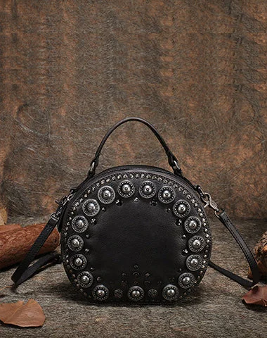 Handmade Womens Gray Leather Round Handbag Purses Rivet Round Shoulder Bag Crossbody Handbag for Women