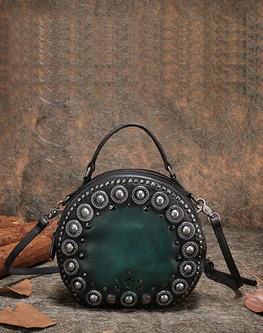 Handmade Womens Green Leather Round Handbag Purses Rivet Round Shoulder Bag Crossbody Handbag for Women