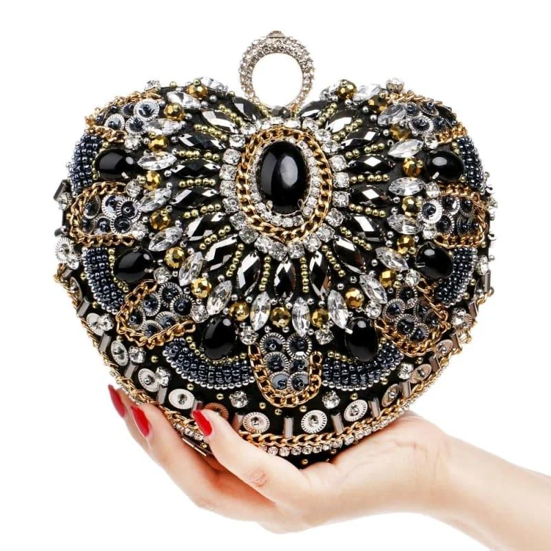 Heart Finger Ring Diamonds Purse Clutch Embroidery Beaded Rhinestones Bag