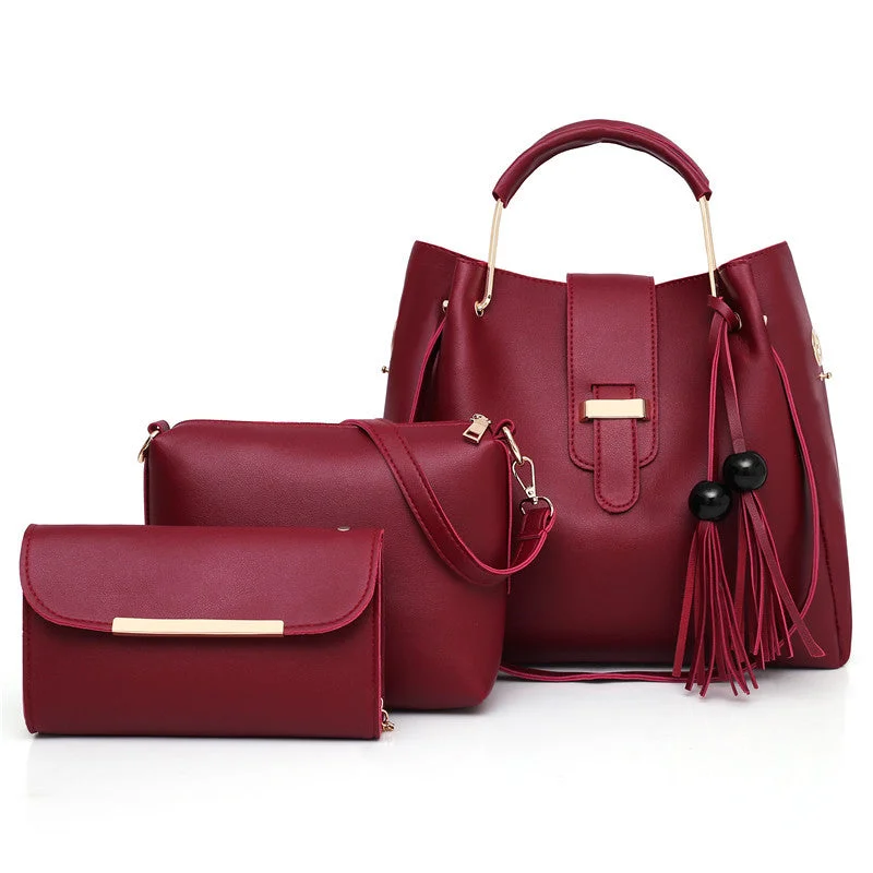 Hot Sell Casual Multi Function Burgundy Women Tote Shoulder Bag Leather Hand Bags Ladies Purses Handbags Set