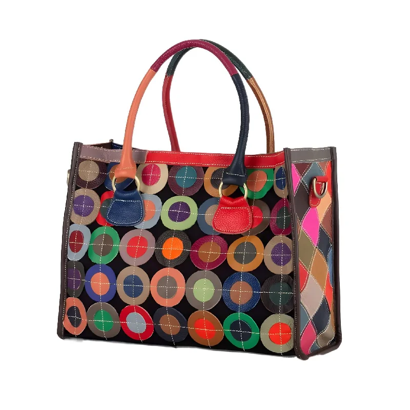 Leather Handbag with Colorful Patchwork - Unique & Versatile