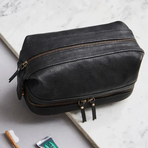 Leather Wash Bag with Zip Bottom