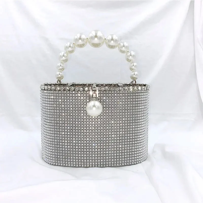 Luxury Fashion Shinny Diamonds Evening Clutch Bags Women Pearls Handle Metal Cage Clutch Purse Crystal Tote Bag For Ladies