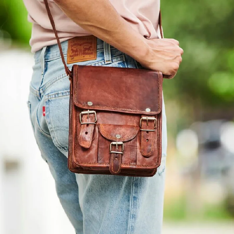 Worn ladies' bag-Mini Long Leather Satchel with Front Pocket