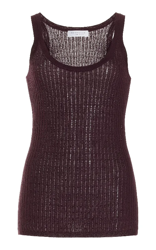 Nevin Pointelle Knit Tank Top in Deep Bordeaux Cashmere Silk