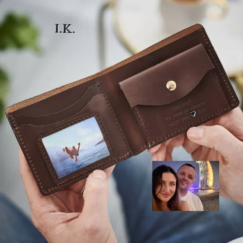 Personalised Leather Coin Wallet With Metal Photo Card