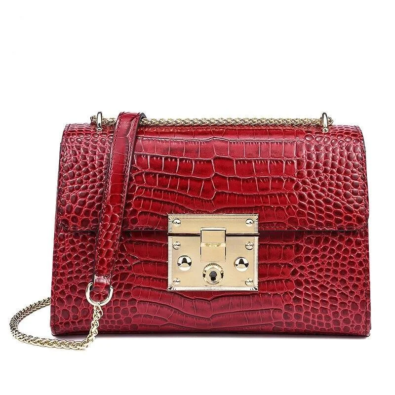 Red Genuine Leather Chain Shoulder Bag