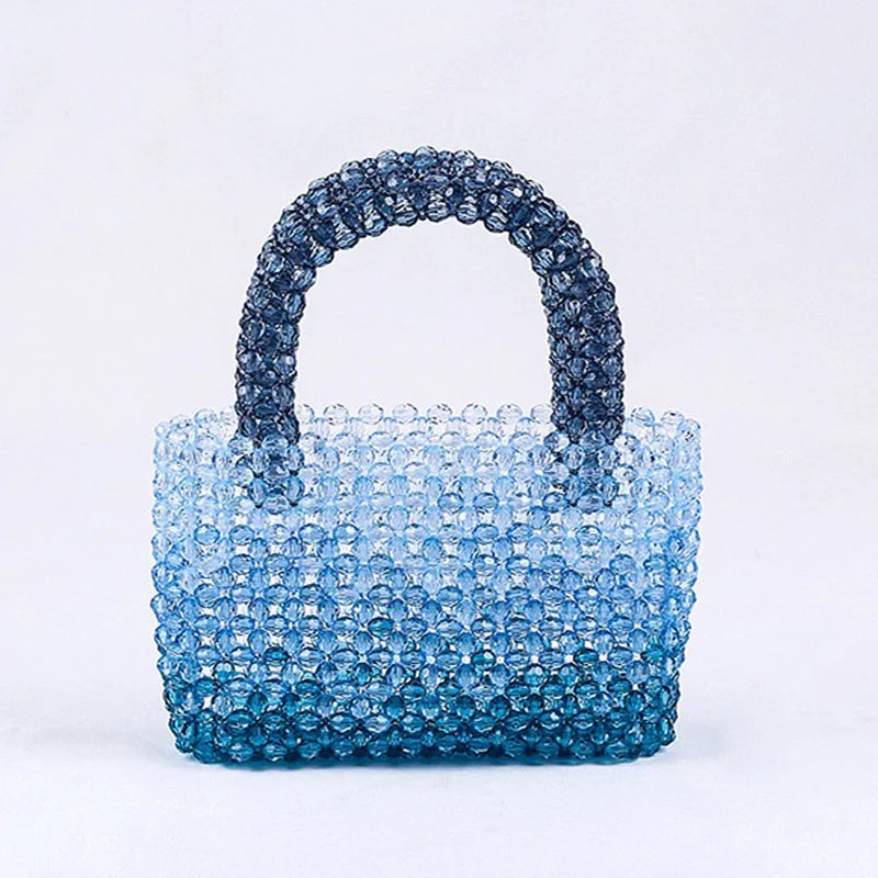 Summer New Transparent Cute Acrylic Blue Beads Fashion Tote Bag Ladies Banquet Dress Clear Pearl Beaded Clutch Handbag and Purse