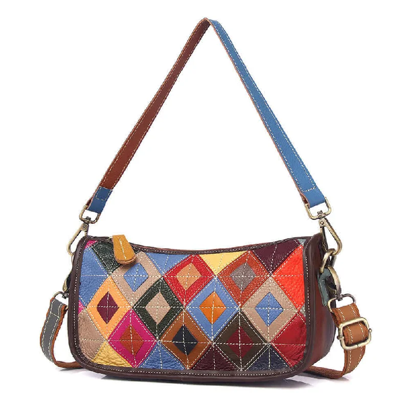 Unique Colorful Leather Shoulder Bag with Patchwork Design