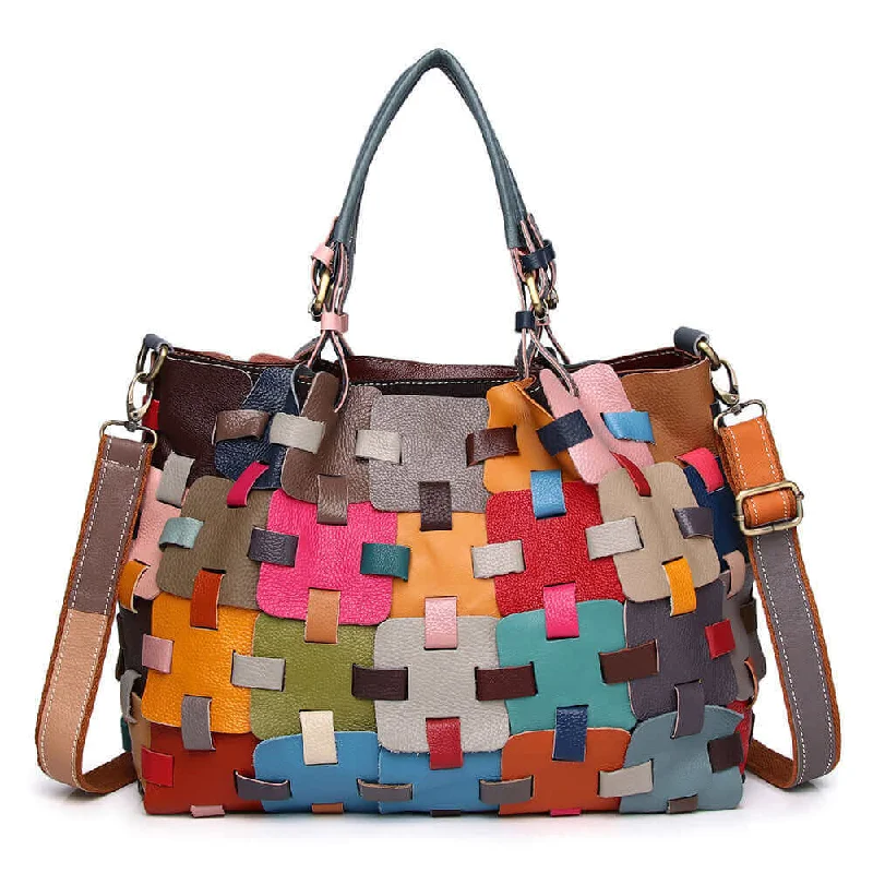 Unique Leather Handbag with Colorful Patchwork Design