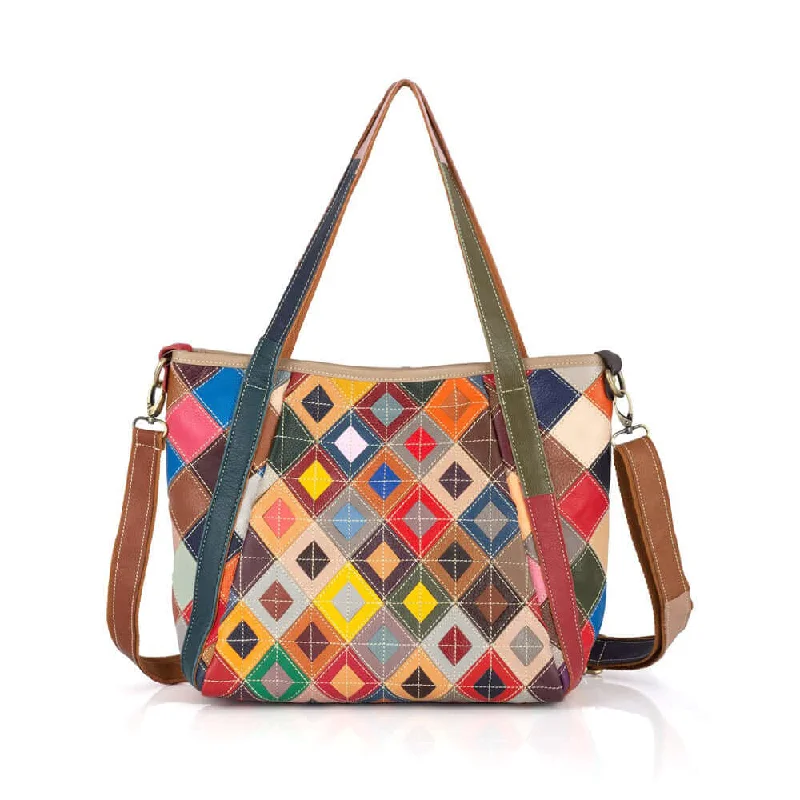 Versatile Leather Tote Bag with Colorful Patchwork – Handheld, Shoulder & Crossbody