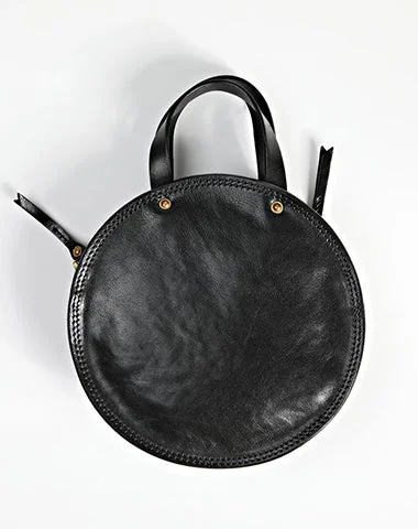 Vintage Womens Black Leather Round Handbag Purses Black Round Shoulder Bag Crossbody Handbag for Women