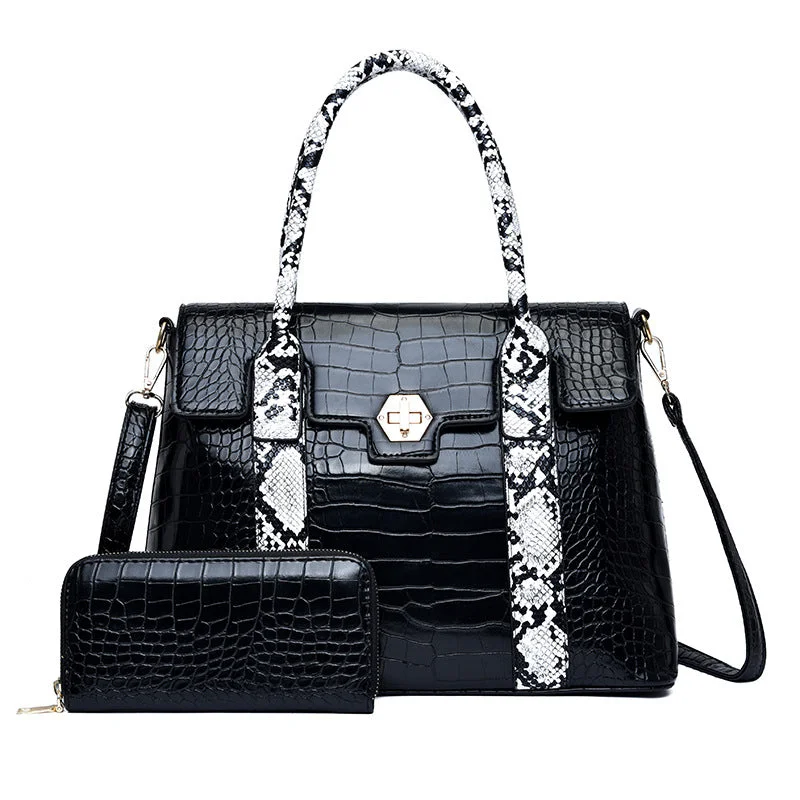 Women Snake Skin Crocodile Print Handbags Satchel Purses Top Handle Tote Work Shoulder Bags with Matching Clutch 2pcs Set