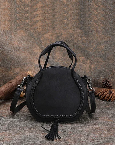 Womens Black Leather Round Handbag Purses with Tassels Vintage Handmade Round Shoulder Bag Crossbody Handbag for Women