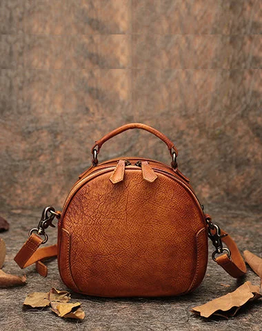 Womens Brown Leather Round Handbag Purses Vintage Handmade Round Shoulder Bag Crossbody Handbag for Women