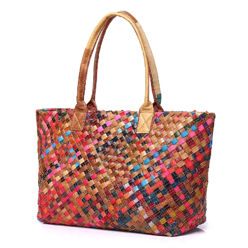 Colorful Woven Leather Tote Bag - Women's Handbag NZ