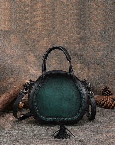 Womens Green Leather Round Handbag Purses with Tassels Vintage Handmade Round Shoulder Bag Crossbody Handbag for Women