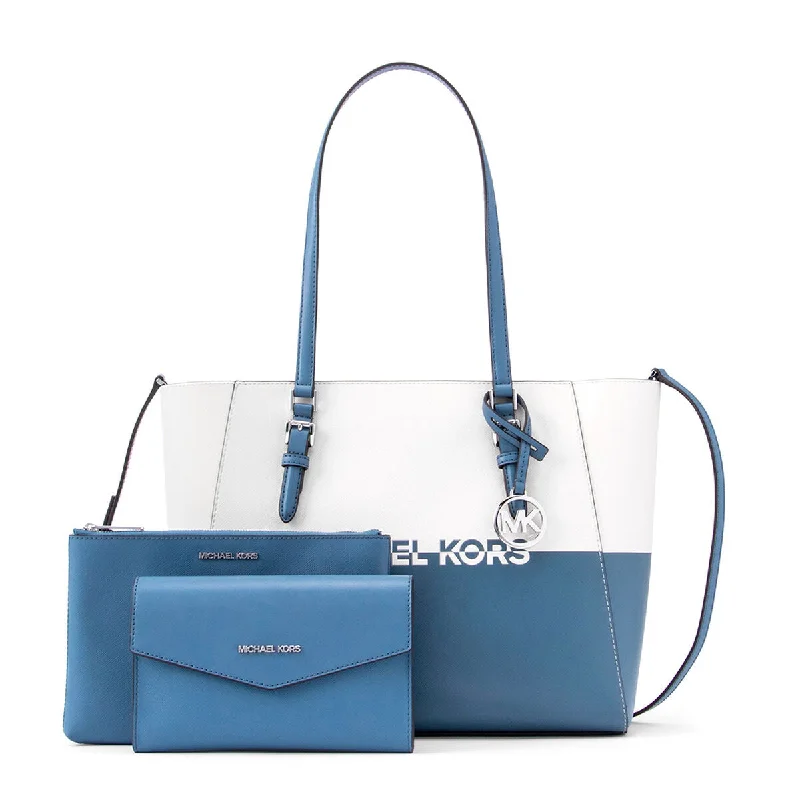 Michael Kors CHARLOTE Denim Tote Shoulder Bag Wallet Set Blue