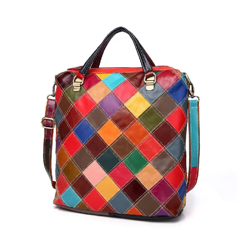 Women's Leather Multi-Style Colorful Patchwork Backpack - Shoulder & Crossbody