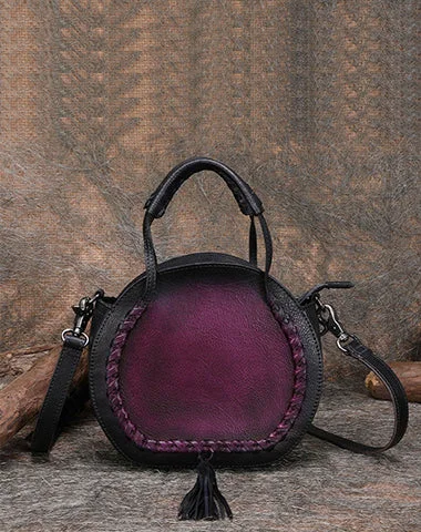 Womens Purple Leather Round Handbag Purses with Tassels Vintage Handmade Round Shoulder Bag Crossbody Handbag for Women